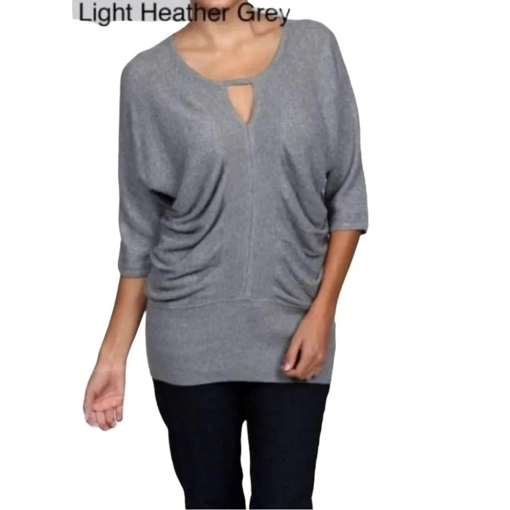 One‎ 7 six 3/4 sleeve gray knit sweater with front ruching